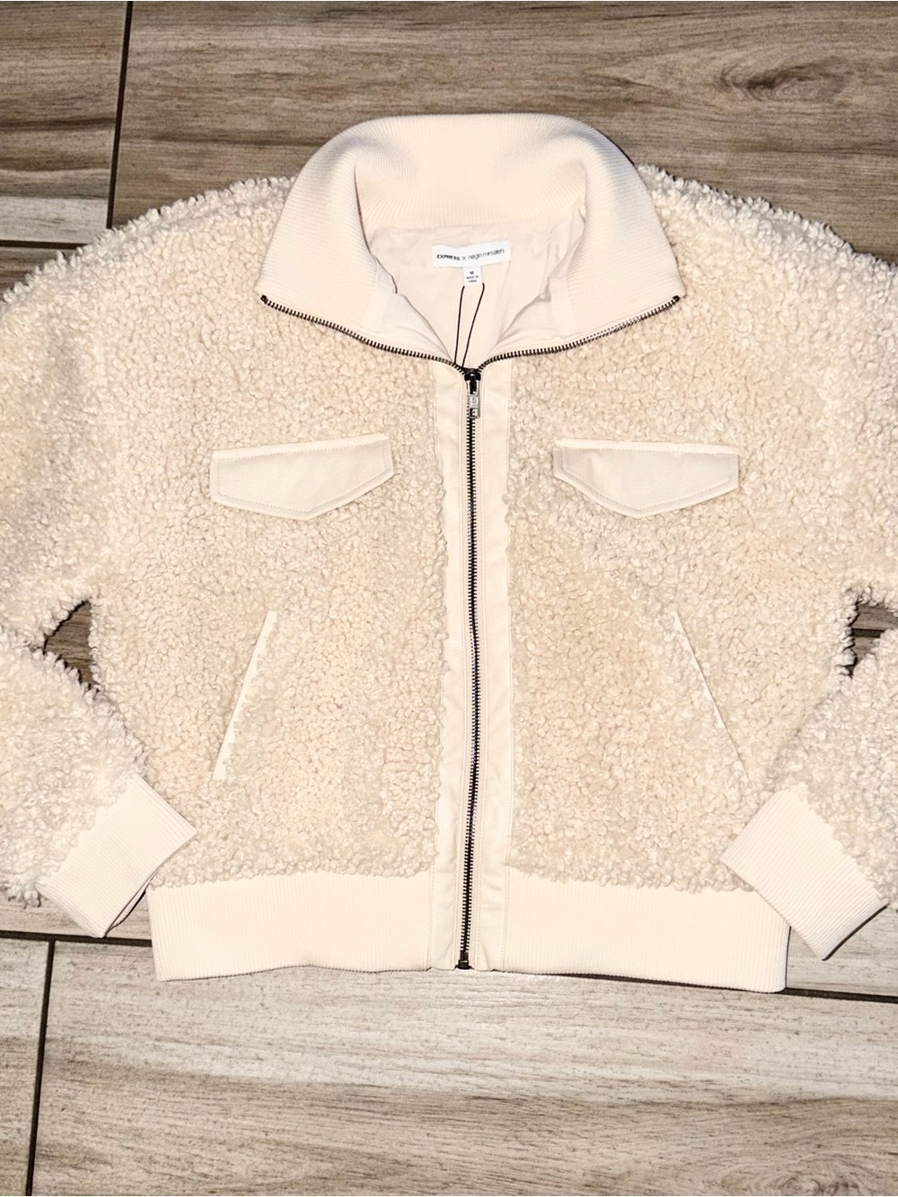 Express Cream Sherpa Zip Bomber Jacket - Women